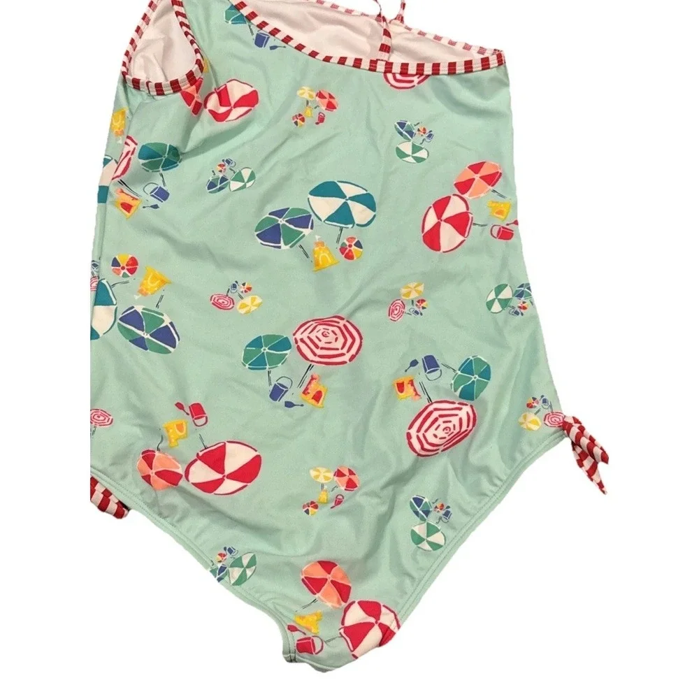 Lands' End Girls One Shoulder Swimsuit Size 12+ Beach Umbrella Print Blue